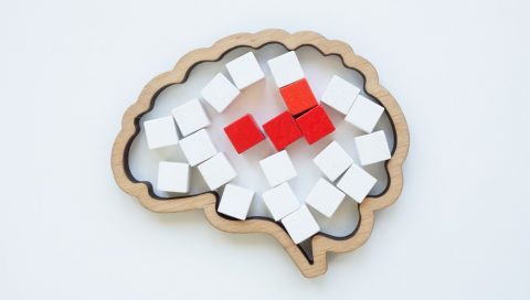 Brain model and red cubes as a concept of disease or pain in the head.