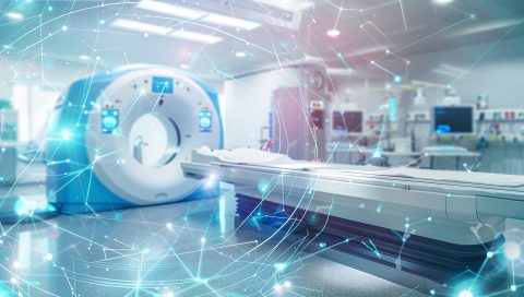 advanced mri or ct scan medical diagnosis machine at hospital lab as wide banner with copy space area - Generative AI