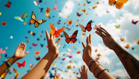 People's hands release colorful paper butterflies into the blue sky, symbolizing unity on Zero Discrimination Day