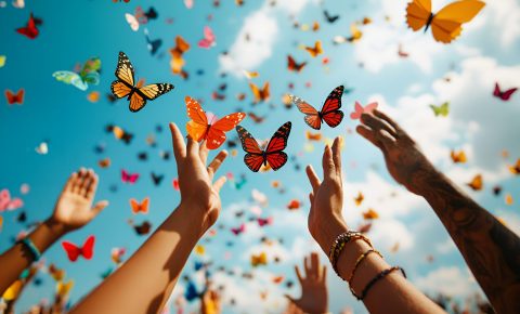 People's hands release colorful paper butterflies into the blue sky, symbolizing unity on Zero Discrimination Day