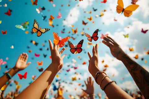 People's hands release colorful paper butterflies into the blue sky, symbolizing unity on Zero Discrimination Day