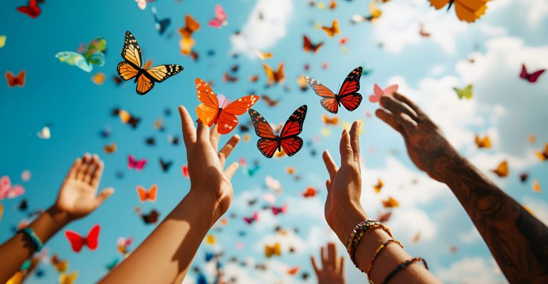 People's hands release colorful paper butterflies into the blue sky, symbolizing unity on Zero Discrimination Day