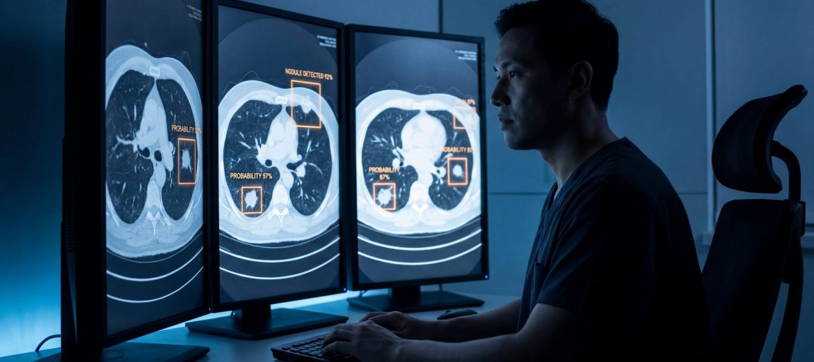 Radiologist analyzing lung CT scans with AI assistance on multiple monitors.