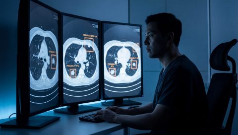 Radiologist analyzing lung CT scans with AI assistance on multiple monitors.