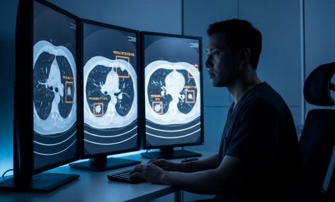 Radiologist analyzing lung CT scans with AI assistance on multiple monitors.